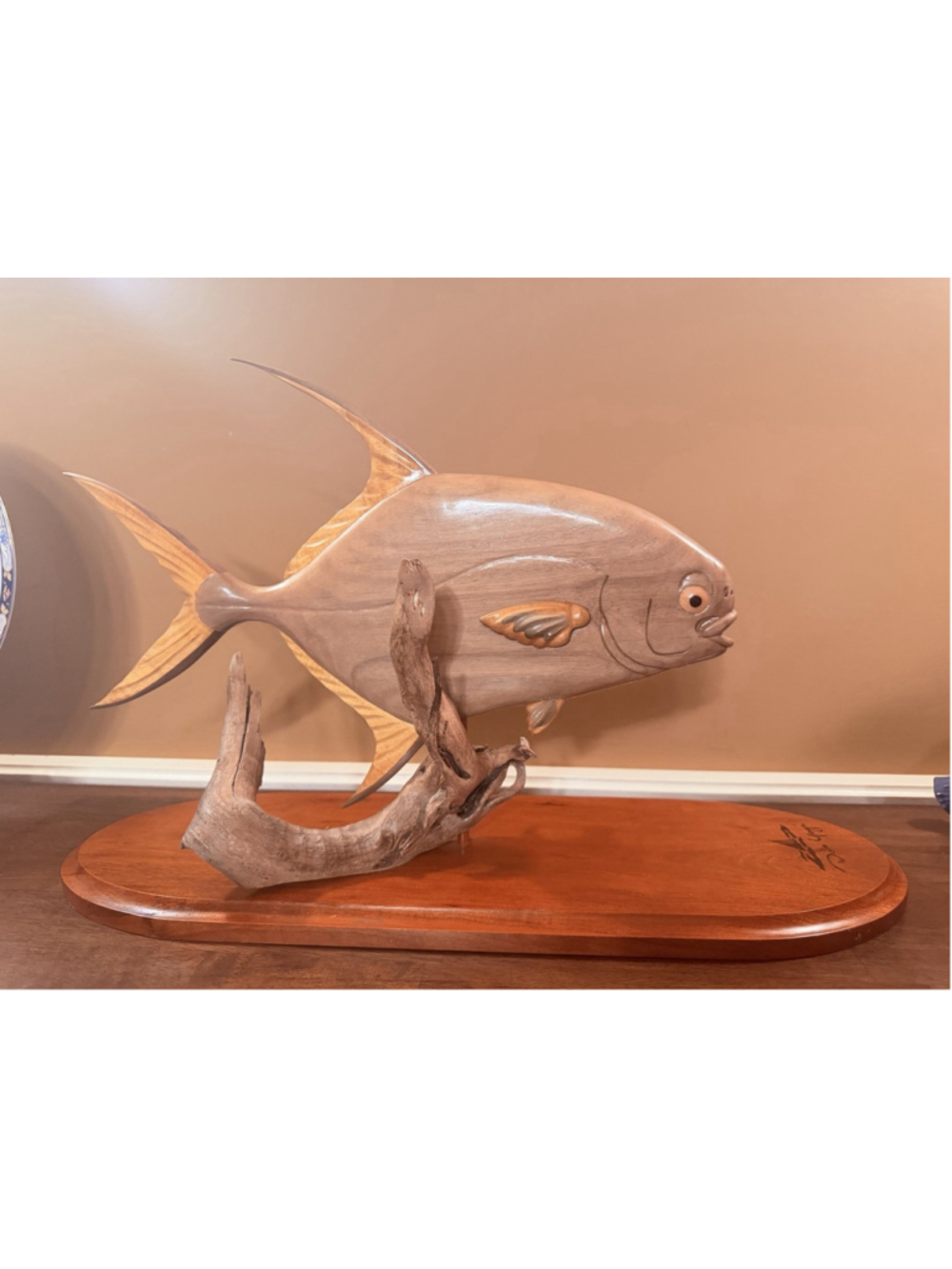 Don Yoyi Hand-Carved Large Highly Detailed Fish Wood Carving On Wood Base